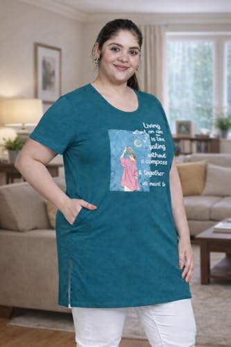 Image of RYSH Women's Printed Cotton Plus Size Longline T-Shirt with Pockets | Cotton fabric - soft longline T-shirt with easy plus-size fit