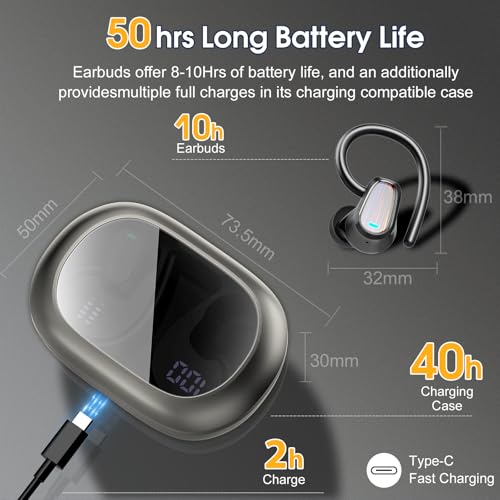 Image of Jesebang Wireless Earbuds, Bluetooth 5.4 Headphones Sport, Over Ear Buds with ENC Noise Canceling Mic, Deep Bass Stereo Ear Buds with Hook, 50H Playback, LED Display, IP7 Earphones for Workout, Grey