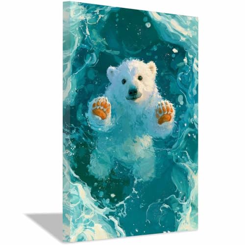 Tableau ours turquoise PUQAAEO 70x100 cm avec cadre en bois pour salon