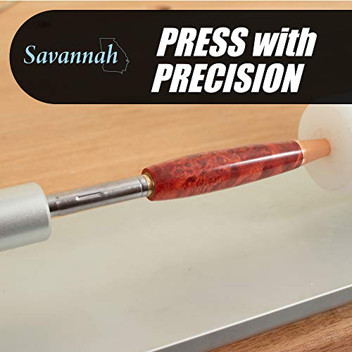 savannah pen press with anodized aluminum base and adjustable assembly rod with uhmw pressure stop for assembling pen parts  exerts up to 30 pounds of pressure