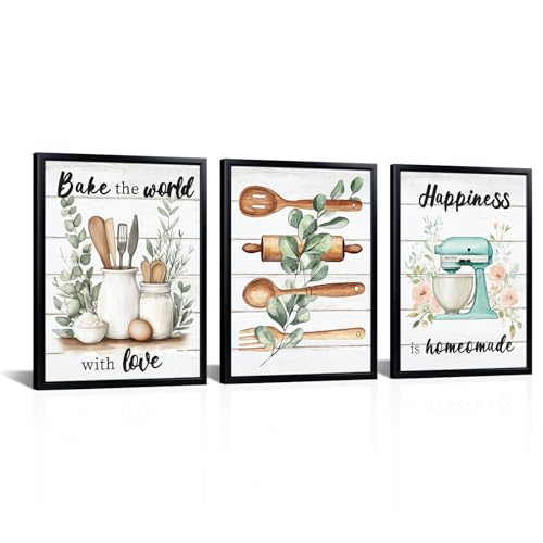 LyerArtork Sage Green Farmhouse Kitchen Wall Art Rustic Boho Minimalist Canvas Prints Fork Spoon Tableware Mixer Botanical Leaves Pictures Artwork Wall Decor for Dining Room Black Framed 12x16inchx3