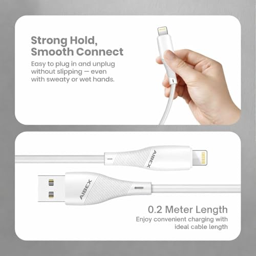 Image of AIBEX USB A to Lightning 20cm Powerbank Cable USB Data Sync & Fast Charging 3.4A Short Cable Compatible with iPhone, iPad Air, iPad Mini, iPod Nano, iPod Touch Compact 20cm Cord for Powerbanks (White)