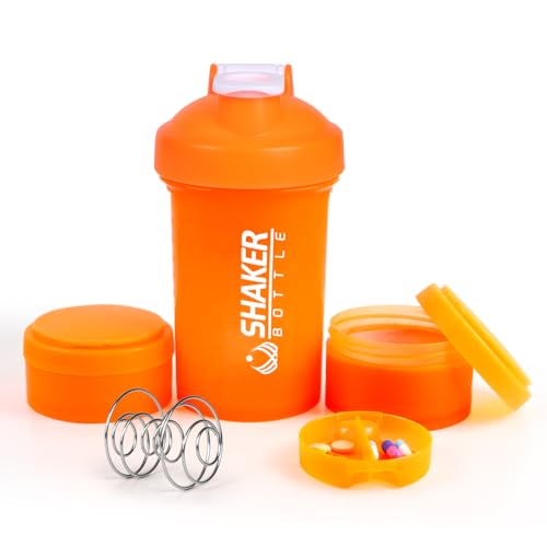 VECH 16oz (500ml) Protein Shaker Bottle with Mixing Ball, Leakproof Gym Shaker Cup for Protein Shakes & Supplements - Includes Detachable Powder Storage & Pill Tray - BPA-Free, Dishwasher Safe（Orange）