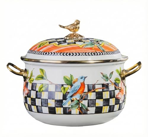 Enamel Covered Pot with Lid, Bird Finial, Checkered Pattern, Floral