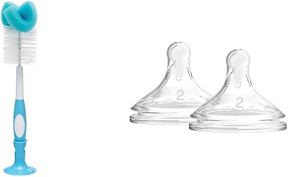 Dr. Brown's Bottle and Teat Brush, Blue & Options+ Wide-Neck Bottle Teat Level 2 3m+, Pack of 2