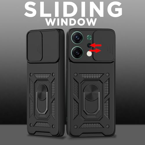 Image of Pikkme Back Cover for Oppo Reno 14 5G | Sliding Camera Shield with Ring Stand | D10 Full Camera Protection Bumper Case (Black)