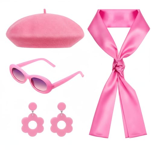 Jamntower 4 Pcs 70s Hippie Costume Woman Pink Halloween Outfit Accessories