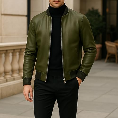 Image of Premium Lambskin Leather Bomber Jacket for Men & Women - Trendy, Lightweight, Soft Real Leather with Relaxed Fit - All Season