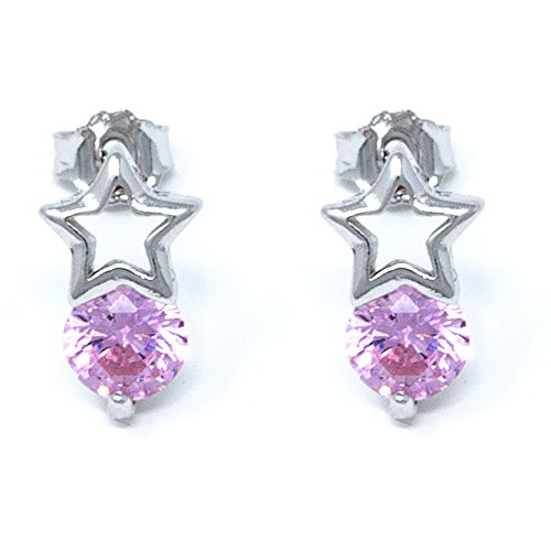 I'S ISAACSONG I's Fashion Jewelry 925 Sterling Silver Stud Earrings Birthstone with Stars Cubic Zirconia for Women and Girls (October-Light Rose)