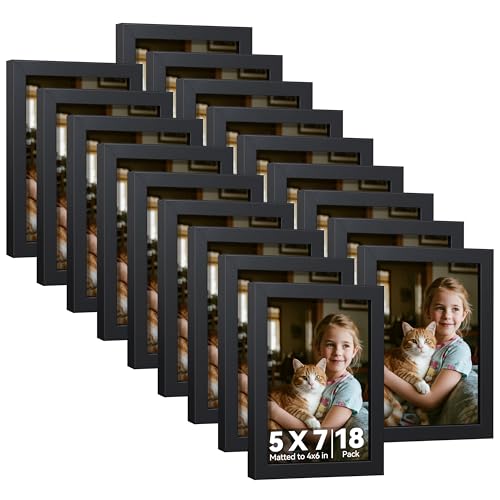 HappyHapi 5x7 Picture Frame Set of 18, 4x6 with Mat or 5x7 Without Mat, 5x7 Black Picture Frame Multi Photo Frames Collage for Wall or Tabletop Display, Picture Frames 5x7 Black