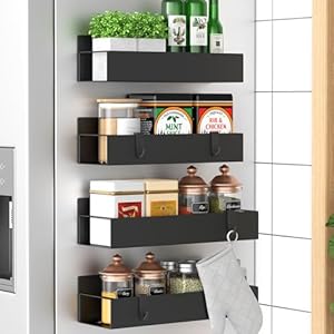 HuggieGems – Organizador magnético de almacenamiento de especias de metal para refrigerador y horno, paquete de 4, color negro