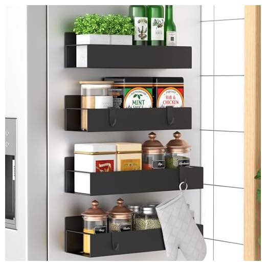 HuggieGems 4 Pack Magnetic Spice Storage Rack Organizer for Refrigerator and Oven, Black Fridge Organizers and Storage