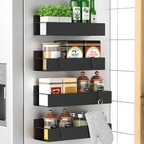 HuggieGems Metal 4 Pack Magnetic Spice Storage Rack Organizer for Refrigerator and Oven, Black Fridge Organizers and Storage, Metal by HuggieGems - Used condition - US$15.02