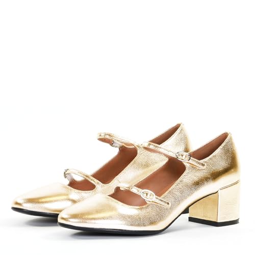 Women's Fashion Patent Leather Block Heel Mary Jane Pumps Comfortable Closed Round Toe Double Strap with Buckle High Chunky Heel Shoes for Women