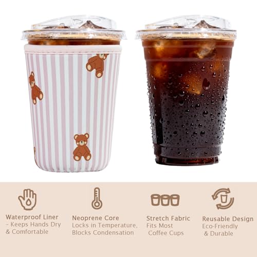 Image of Reusable Insulated Sleeve for Iced Coffee Cup, 3-Pack Coffee Neoprene Drink Sleeve for Cold & Hot Drinks, Beverage Holder for Iced Coffee (Pink Stripe Bears)