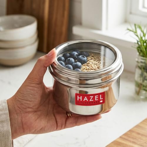 HAZEL Masala Box for Kitchen with Airtight Lid | Stainless Steel Top See Through Storage Containers for Kitchen Air tight, 450 ML