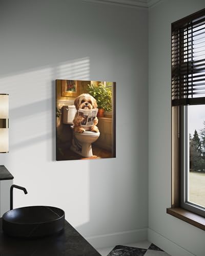 Image of Shih Tzu on Toilet Wall Art Print Canvas Wrapped, Dog Bathroom Humor Decor Posters Prints for Restroom Home Picture Painting Artwork Gallery 7 (Shih Tzu, 20 inchL x 16 inchW CANVAS, Wrapped Canvas)