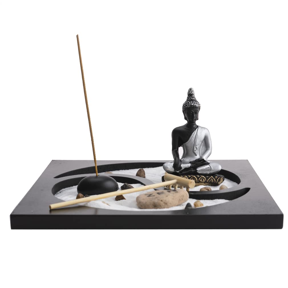 lachineuse - Porta incenso Buddha giardino giapponese - Decorazione Zen Interni Buddha - con sabbia, pietre e rateau - Decorazione Zen Meditazione - Oggetto decorativo asiatico - Idea regalo