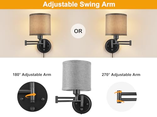 Image of Plug in Wall Sconces with Remote Control, Dimming 10%-100% & Adjustable Colors 2700K-6500K, Hardwire or Plug-in, Swing Arm Wall Lamp with Gray Fabric Shade, Wall Sconces Set of Two, Black Finish