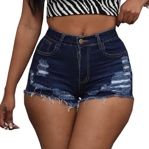 Yyibsones Women's Casual Ripped Stretchy Denim Shorts Frayed Raw Hem Shorts Jeans (Dark Blue, L, l)