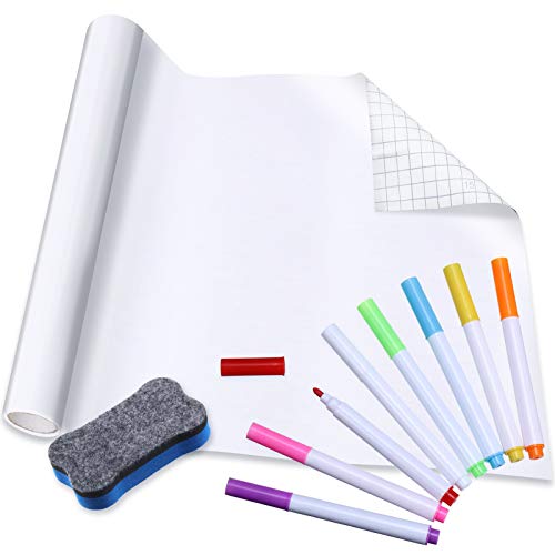 Chalkboard Contact Paper Roll Removable Board Wallpaper 12 x 39 Inch Self Adhesive Chalkboard Decal Sticker with Chalk Markers and Eraser for Writing Board, Playroom, Take Notes (White)