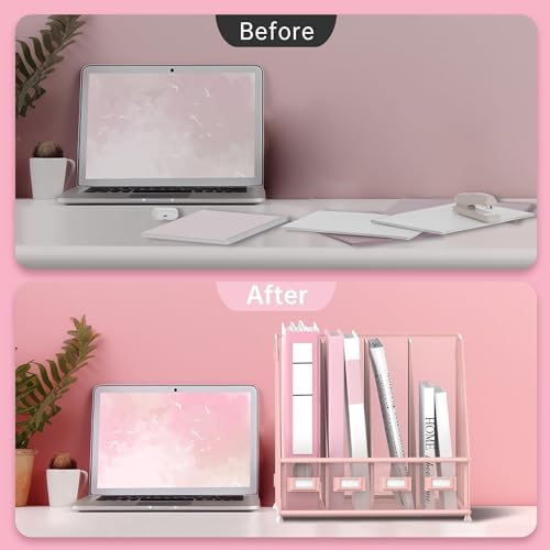 SUPEASY Magazin Aktenhalter Schreibtisch Organizer, Metall Binder Halter mit 4 vertikalen Fächern für Büro Home School, Rosa