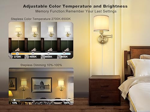 Image of Plug in Wall Sconces with Remote Control, Dimming 10%-100% & Adjustable Colors 2700K-6500K, Hardwire or Plug-in, Swing Arm Wall Lamp with White Fabric Shade, Wall Sconces Set of Two, Gold Finish