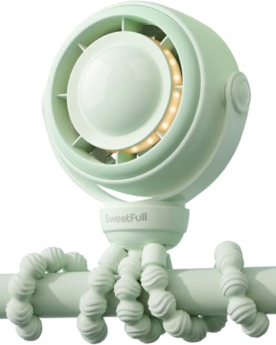 Image of SWEETFULL Baby Stroller Fan - 4000mAh Rechargeable 4-Speed Quiet with LED Display & Night Light, Mini Portable 360° Clip On Safe Fan for Car Seat, Crib, Travel - Green