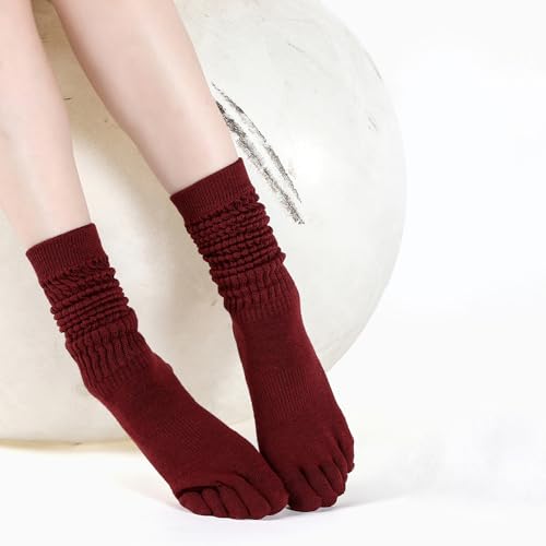 Image of Long Pilates Toe Socks for Women with Grips, Non-Slip Sticky Yoga Socks for Barre, Dance, Pilates Gifts (2 Pairs，Red /Black)