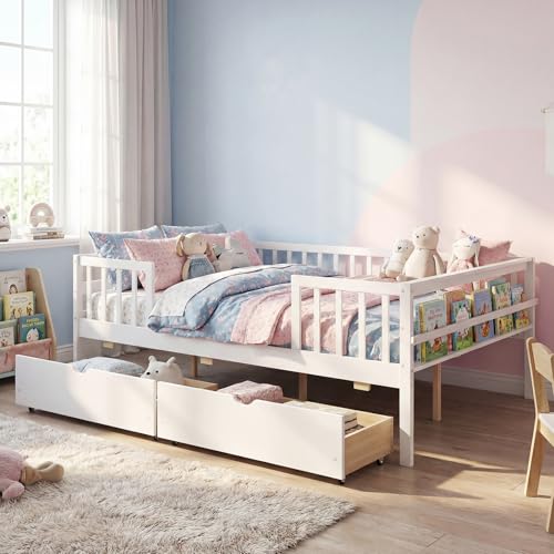 Image of KOMFOTT Full Bed Frame with Rails, Wood Daybed with Side Shelf & 2 Storage Drawers, Platform Bed with Guardrail & Wooden Slat Support for Kids Teens, No Box Spring Needed (Full,White)