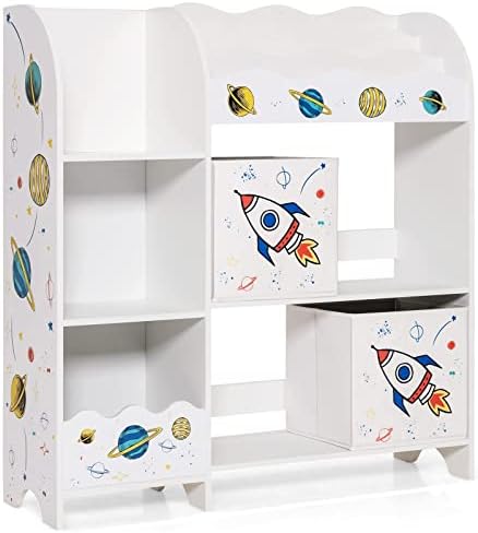 COSTWAY Kids Storage Unit, Toy and Book Organizer with 5 Shelves, 2 Boxes, 3 Slots, Multi-Functional Children Display Cabinet Bookshelf for Playroom, Bedroom, Living Room (Rocket)