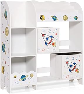COSTWAY Kids Storage Unit, Toy and Book Organizer with 5 Shelves, 2 Boxes, 3 Slots, Multi-Functional Children Display Cabinet Bookshelf for Playroom, Bedroom, Living Room (Rocket)