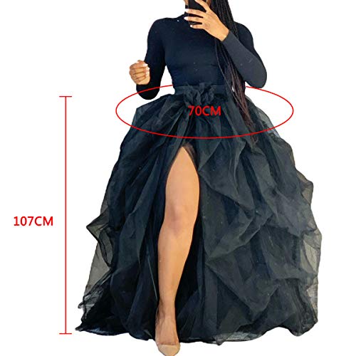 Women Tulle Tutu Long Skirt Maxi Floor Length Layered High Waist Dress Wedding Night Out Party A-Line Puffy Skirt (Black, One Size) #TOP6