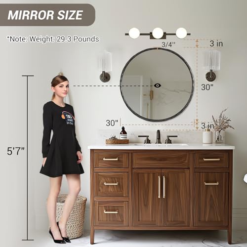 Image of ANDY STAR Hand-Forged Black Round Mirror for Wall, 30 Inch Solid Steel Metal Frame Circle Mirror, Antique Rounded Hammered Bathroom Mirror for Living Room, Bedroom, Entryway, Vanity