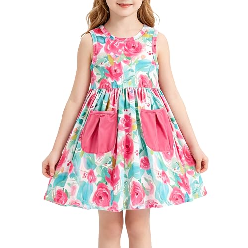 Image of RAISEVERN Toddler Girls Dress Rose Flower Crewneck Cute Summer Dress Casual Party Sundress Print Swing Sleeveless Holiday Pink Green Floral 2-3 Years
