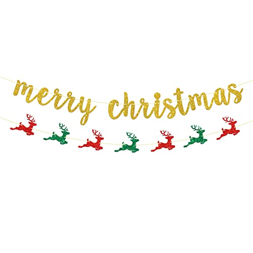 Frohe Weihnachten Banner mit Elch, Gold Glitzer Be Merry Party Schild, Weihnachtsdekoration für Outdoor & Indoor Foto Propsr, 2023 Neujahrsflaggen Cover