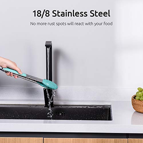 Image of Kitchen Tongs, U-Taste 7 /9 /12 inches Cooking Tongs, with 480ºF High Heat-Resistant Non-Stick Silicone Tips, 18 /8 Stainless Steel Handle, for Food Grill, Salad, BBQ, Frying, Serving, Pack of 3 (Teal)