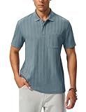 BGOWATU Men's Golf Shirts Ribbed Collar Chest Pocket 3-Button Shorts Sleeve T-Shirts V Neck Knit Textured for Business Grey Blue 2XL