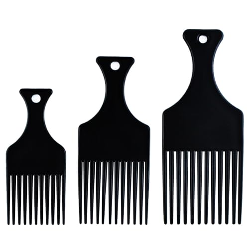3 Pieces Afro Hair Pick Comb, Smooth & Sturdy Wide Tooth Hair Pick Comb Plastic Hairdressing Styling Tool for Natural Curly Hair Style, Black