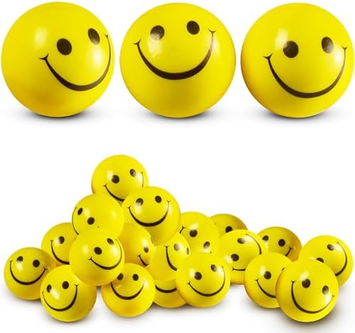 Smile Face Stress Balls (Bulk Pack of 24) for Kids and Adults, 2 Inch Yellow Fun Happy Face Squeeze Balls for Anxiety Relief, Hand Therapy or Sensory Fidget Toy