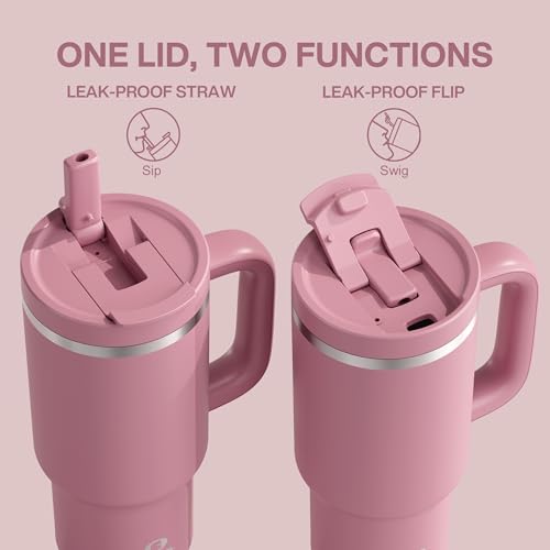 Image of ENCOOL 32 oz Tumbler with Handle and Straw: Stainless Steel Insulated Tumbler Keeps Cold for 24 Hours, Leakproof Travel Cup Fits in Cup Holder and BPA-Free,Turkish Rose