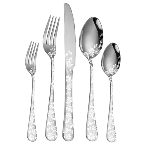Stylish Electroplated Patterned 18/10 Stainless Steel Flatware Set with Steak Knife Fork and Spoon Elegant Cutlery Set in Gift Box Silverware Tableware Set for Home Dining (5 pieces)