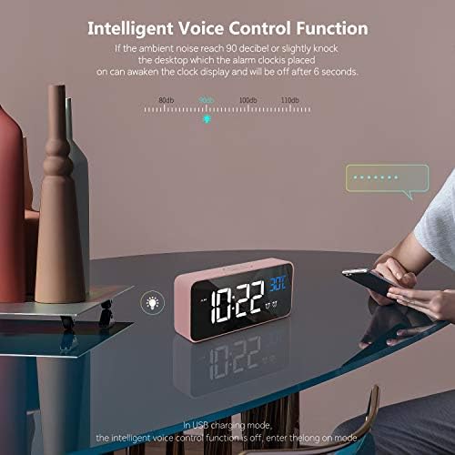 HOMVILLA Digital Alarm Clock with Big LED Temperature Display, Portable Mirror Alarm with Dual Alarm Snooze Time 4 Levels Adjustable Brightness Dimmer 13 Music USB Charging Port for Bedside, Bedroom