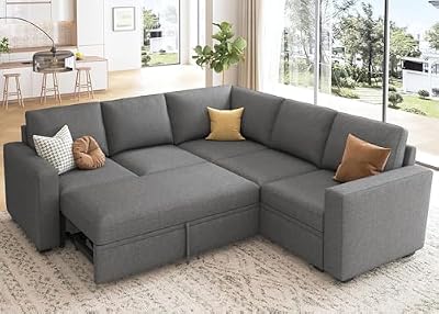 HONBAY Sectional Sleeper Sofa with Pull Out Bed, L Shaped Couch with Storage Seat, Modular Sectional Couches for Living Room, Dark Grey