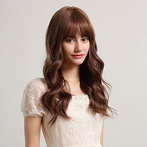 MISHAIR Perruque Femme pour Synthétique Brune Perruque Ondulée avec Frange Naturelle, Perruque Bouclée Résistante à la Chaleur, Adaptée à la vie Quotidienne Fête Cover