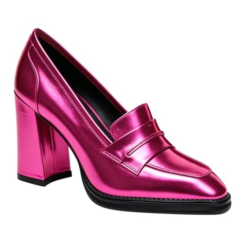 Image of FOWT Dressy High Block Heels Loafers for Women Classical Square Toe Pumps Comfortable Slip On Walking Shoes School Uniform Goth Oxfords US Size 4-16 M