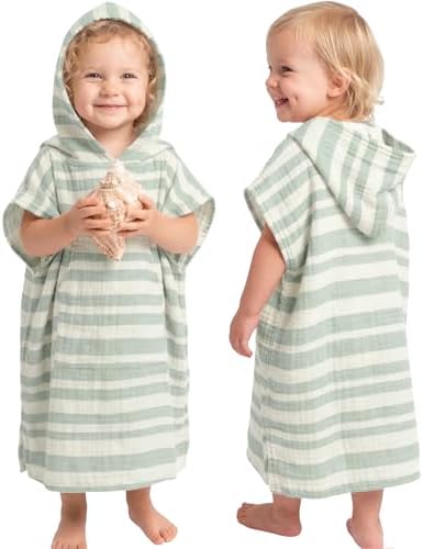 Konssy 100% Muslin Cotton Toddler Beach Towel Poncho with Hood, 24.5" x 21"