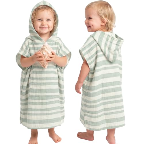 Konssy 100% Muslin Cotton Toddler Beach Towel Poncho with Hood, 24.5" x 21"