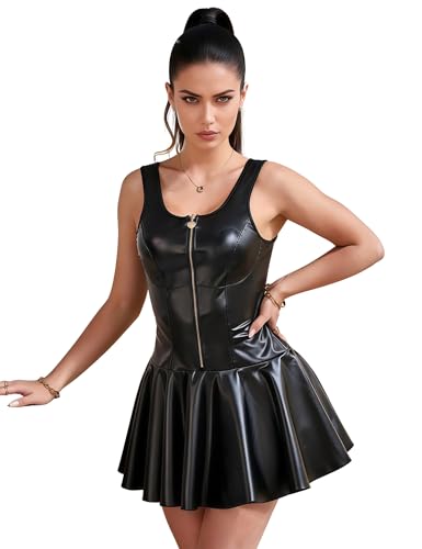 sunshinelady Vestido Corto de Cuero PU Sexy para Mujer Wetlook con Cremallera Minivestido Vestido Cóctel Vestidos de Fiesta Lencería sin Mangas Clubwear Tirantes Anchos Talla Grande Negro L