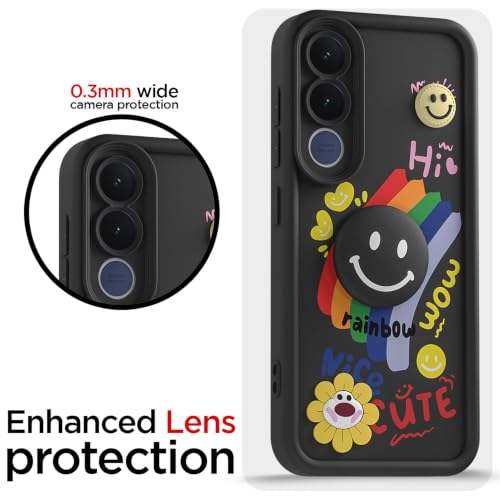Image of Pikkme Back Cover for Vivo V70 FE 5G | Soft Silicone| Cute Rainbow Smile & 3D Cartoon Flower Design | Shockproof Raised Camera Protection Bumper Case (Black)